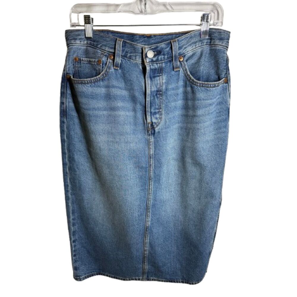 Levi’s Women’s Denim Midi Pencil Skirt W28 Medium Wash Blue Back Slit Red Tab